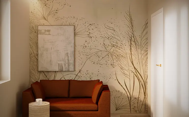 Wnętrze w stylu boho i eklektycznym z brązową sofą i dekoracyjną ścianą.