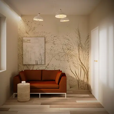 Wnętrze w stylu boho i eklektycznym z brązową sofą i dekoracyjną ścianą.