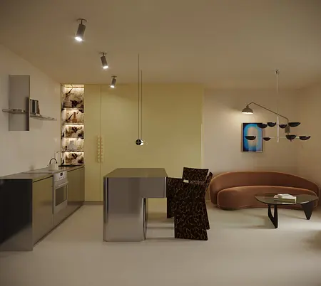 Wnętrze kuchni z żółtymi ścianami, brązową sofą, w stylu art deco, eklektycznym i minimalux.