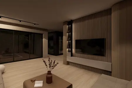 Stylowe wnętrze w stylu japandi z drewnianymi detalami i nowoczesnym wyposażeniem.