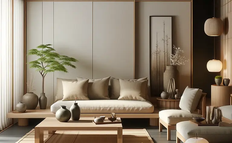 Wnętrze salonu w stylu art deco i boho z beżowymi meblami.