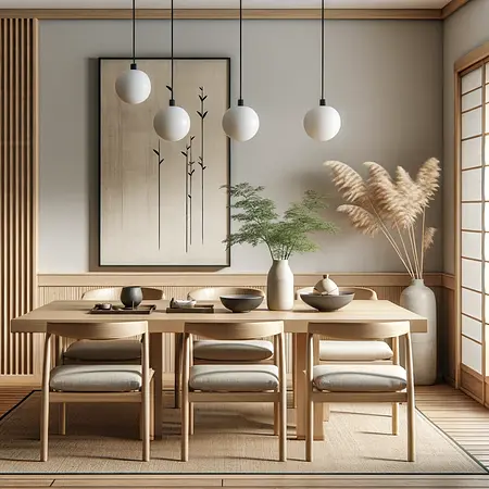Jadalnia w stylu art deco i boho z drewnianym stołem, roślinami i nowoczesnym oświetleniem.