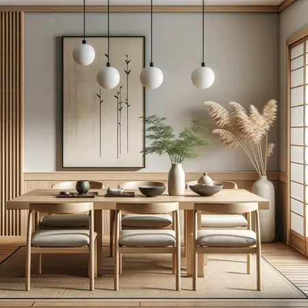 Jadalnia w stylu art deco i boho z drewnianym stołem, roślinami i nowoczesnym oświetleniem.