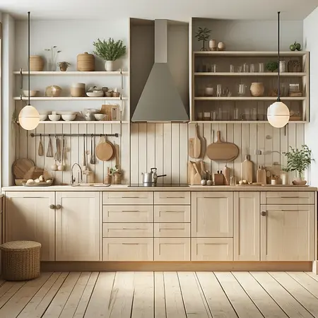 Kuchnia w stylu art deco i boho z drewnianymi meblami i roślinami.