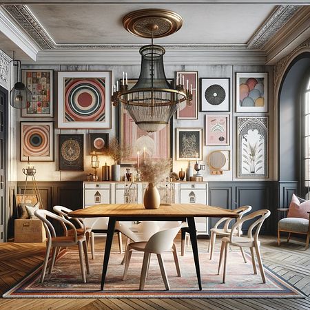 Wnętrze jadalni w stylu art deco i boho z drewnianym stołem i dekoracjami.