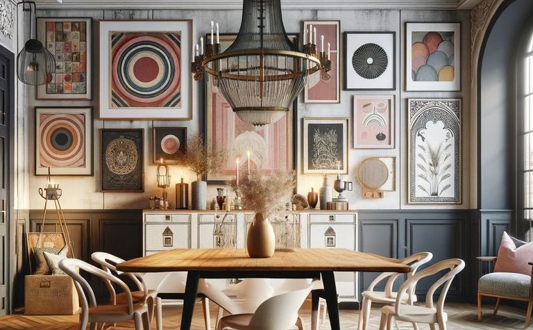 Wnętrze jadalni w stylu art deco i boho z drewnianym stołem i dekoracjami.