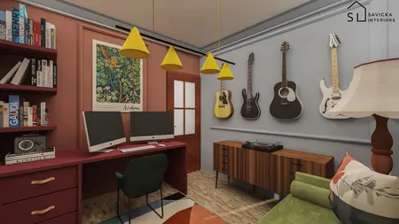 Wnętrze gabinetu z komputerami, gitarami i minimalistycznym designem.